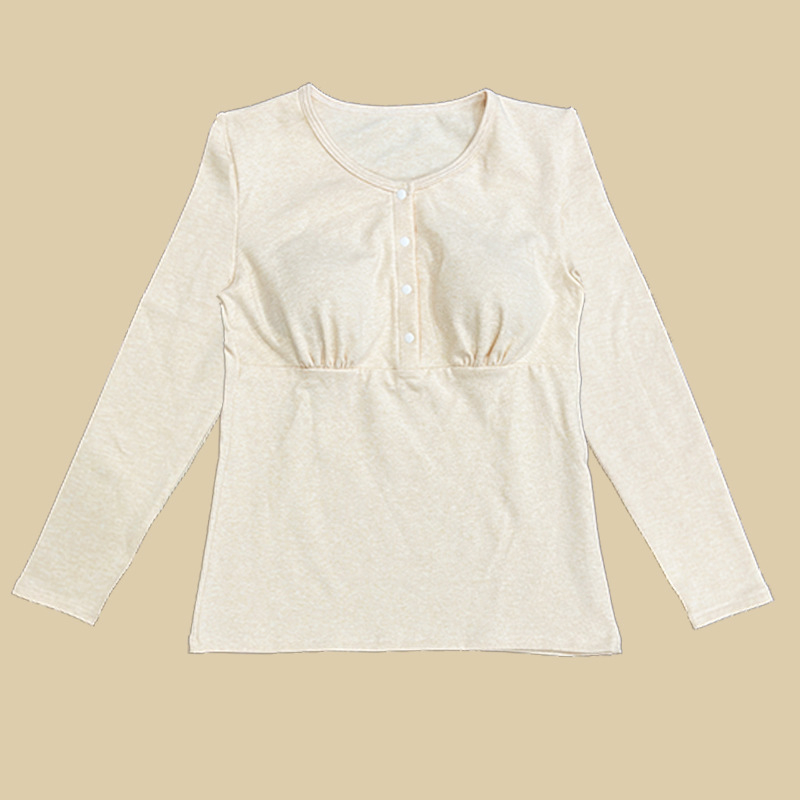 Po gimdymo maitinančio topas su priekiniais mygtukais, storesnės medvilnės audinys, ilgomis rankovėmis, apvali kaklo linija — ruduo 2024