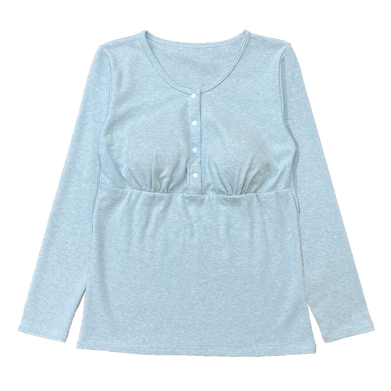 Po gimdymo maitinančio topas su priekiniais mygtukais, storesnės medvilnės audinys, ilgomis rankovėmis, apvali kaklo linija — ruduo 2024