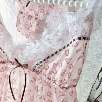 Leoparda printa tīkla naktsveļa sievietēm - bez piedurknēm, siksniņas, V-veida kakls, izšūta mezgla, ultra plāns poliester tīkla