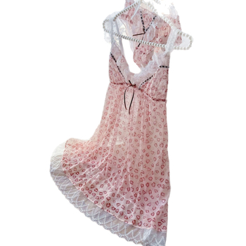 Leoparda printa tīkla naktsveļa sievietēm - bez piedurknēm, siksniņas, V-veida kakls, izšūta mezgla, ultra plāns poliester tīkla