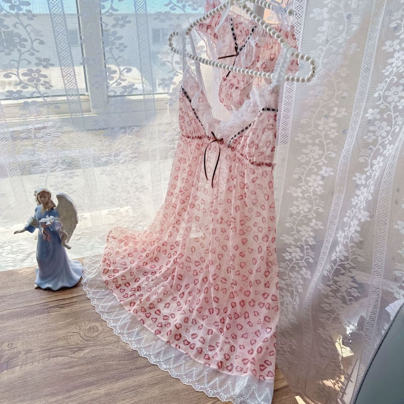 Leoparda printa tīkla naktsveļa sievietēm - bez piedurknēm, siksniņas, V-veida kakls, izšūta mezgla, ultra plāns poliester tīkla