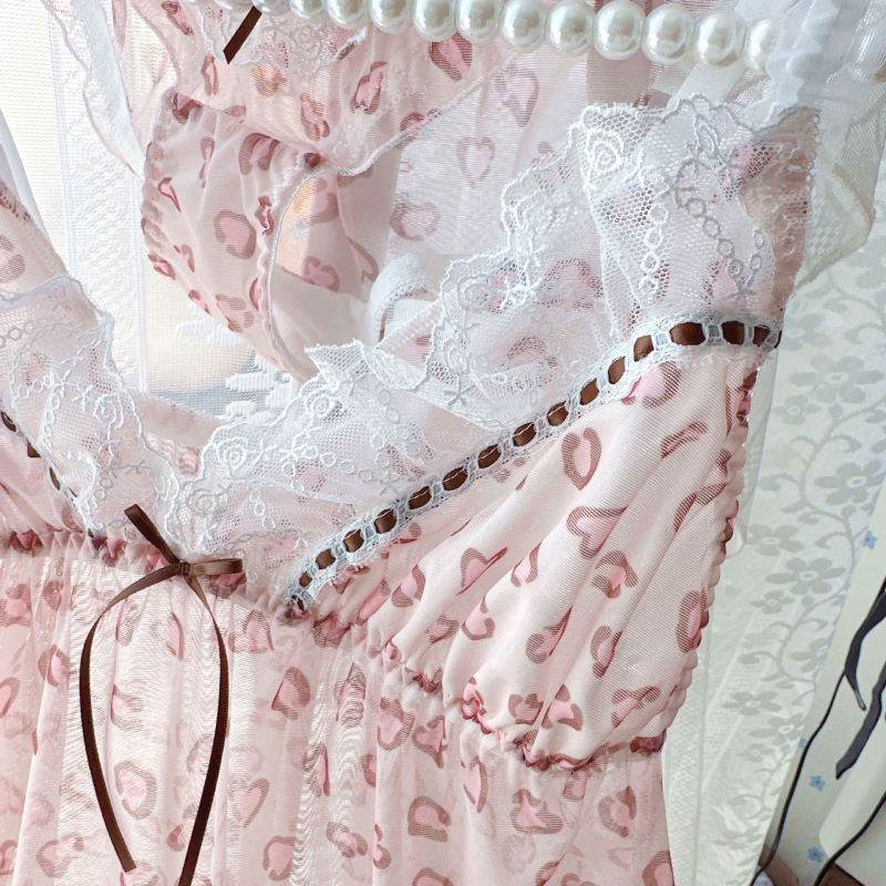 Leoparda printa tīkla naktsveļa sievietēm - bez piedurknēm, siksniņas, V-veida kakls, izšūta mezgla, ultra plāns poliester tīkla