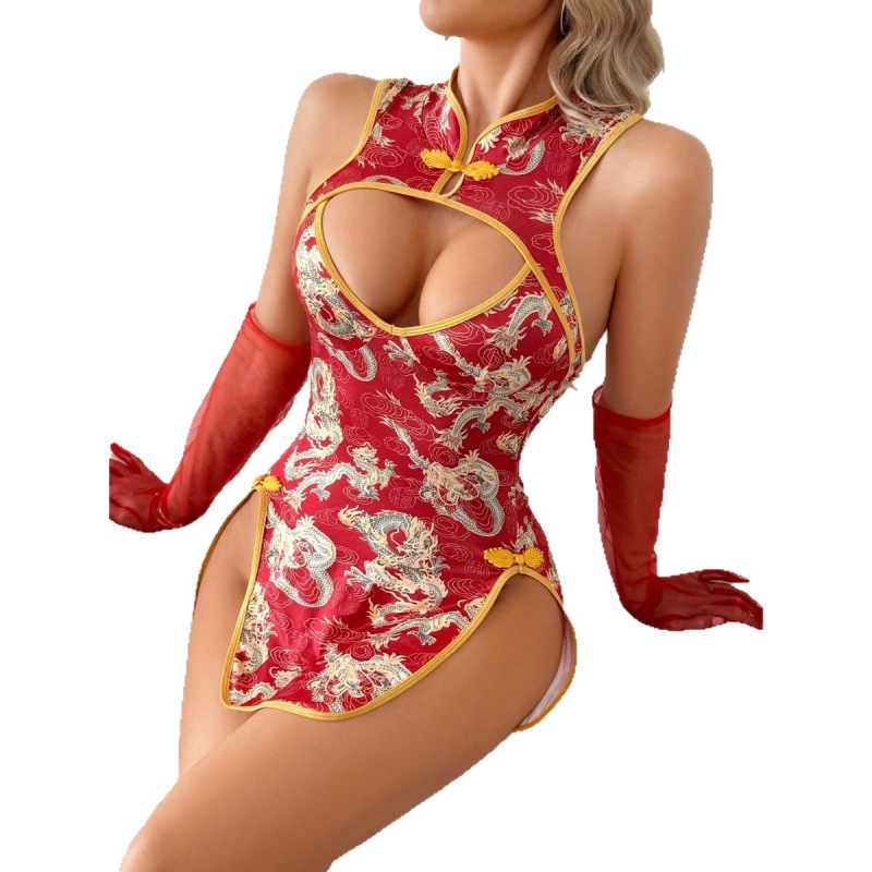 Cheongsami-stiilis ülikonna kostüüm, tagant lõigatud ja läbipaistvate paneelidega, 90–95% polüester