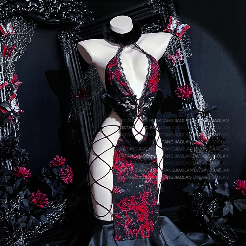 Μονόσωμο εσώρουχο, εμπνευσμένο από Cheongsam, αρχαϊκό στυλ, σατέν ύφασμα με υδατογράφημα, 90–95% πολυεστέρας, Elegant Angel