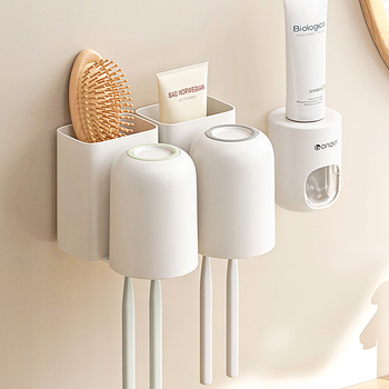 Kiss dantų šepetėlių laikiklis, sieninis, be gręžimo, dantų pastos laikymas ir dantų šepetėlių puodelis, plastikinis