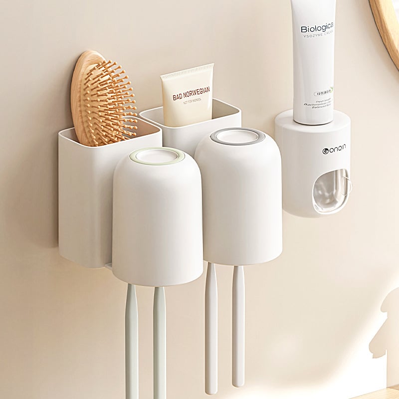 Kiss dantų šepetėlių laikiklis, sieninis, be gręžimo, dantų pastos laikymas ir dantų šepetėlių puodelis, plastikinis