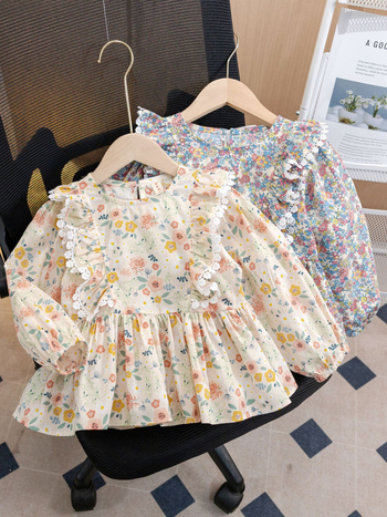 Dječja košulja s floralnim uzorkom – dvodjelna set, korejski stil, okrugli ovratnik, dugi rukav, crtani uzorak, 90% pamuk, proljeće i jesen