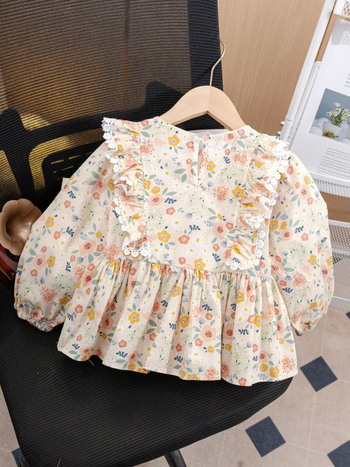Dječja košulja s floralnim uzorkom – dvodjelna set, korejski stil, okrugli ovratnik, dugi rukav, crtani uzorak, 90% pamuk, proljeće i jesen