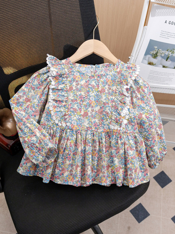 Dječja košulja s floralnim uzorkom – dvodjelna set, korejski stil, okrugli ovratnik, dugi rukav, crtani uzorak, 90% pamuk, proljeće i jesen