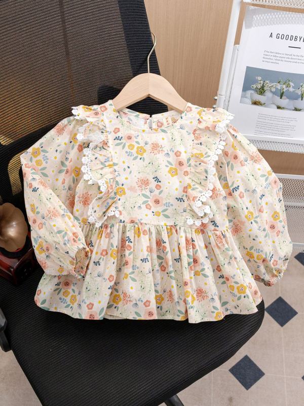 Dječja košulja s floralnim uzorkom – dvodjelna set, korejski stil, okrugli ovratnik, dugi rukav, crtani uzorak, 90% pamuk, proljeće i jesen