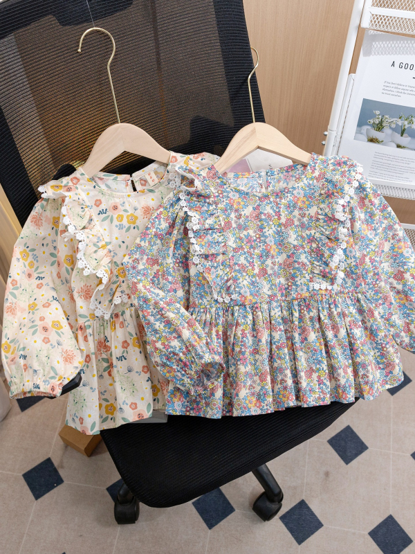 Dječja košulja s floralnim uzorkom – dvodjelna set, korejski stil, okrugli ovratnik, dugi rukav, crtani uzorak, 90% pamuk, proljeće i jesen