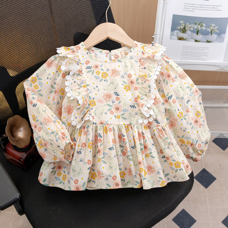 Dječja košulja s floralnim uzorkom – dvodjelna set, korejski stil, okrugli ovratnik, dugi rukav, crtani uzorak, 90% pamuk, proljeće i jesen