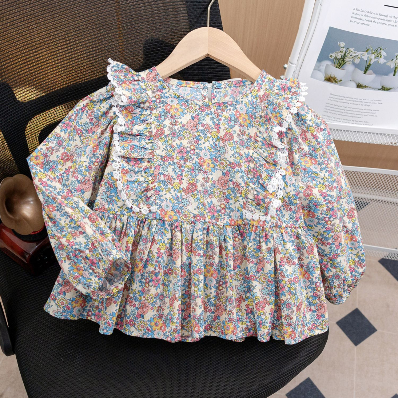 Dječja košulja s floralnim uzorkom – dvodjelna set, korejski stil, okrugli ovratnik, dugi rukav, crtani uzorak, 90% pamuk, proljeće i jesen