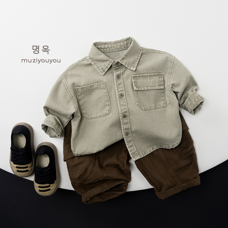 Dječja košulja s dugim rukavima, korejski stil, unisex, 100% pamuk, jednobojna, ovratnik lapel, proljeće-jesen, uzrast 3–8 godina