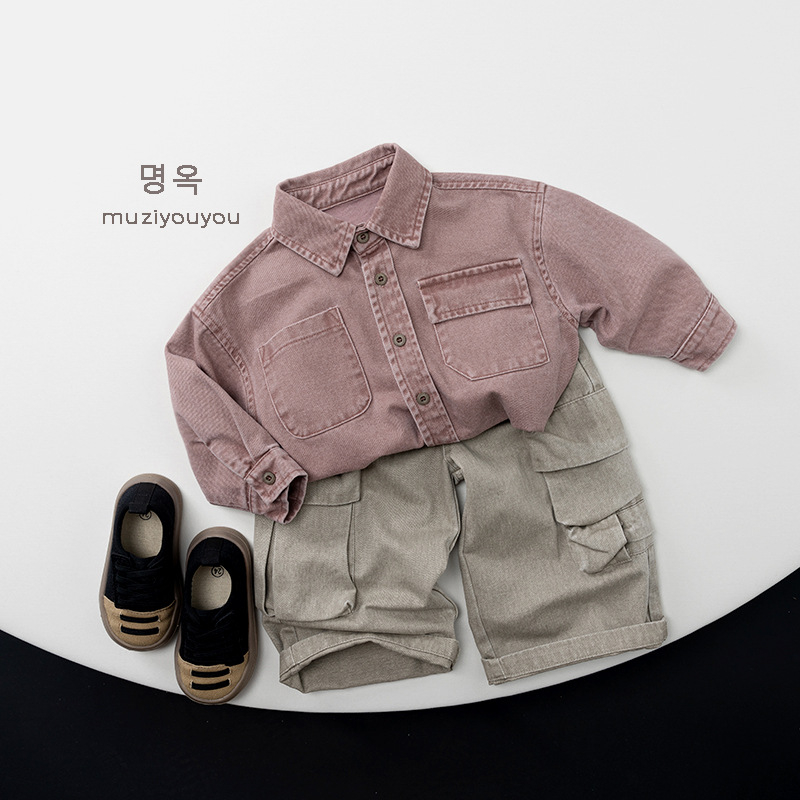 Dječja košulja s dugim rukavima, korejski stil, unisex, 100% pamuk, jednobojna, ovratnik lapel, proljeće-jesen, uzrast 3–8 godina
