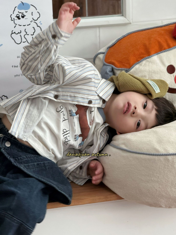 Dječja košulja s reverom, uspravne pruge, pamuk, dugi rukav, unisex, za djecu 3–8 godina, proljeće i jesen, korejski stil