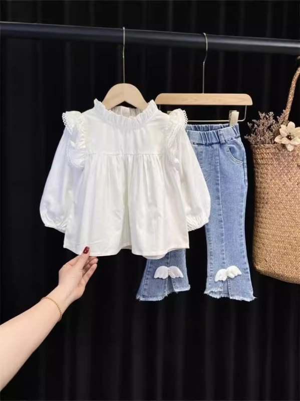 Dječji dvodijelni outfit za proljeće i jesen, korejski stil, djevojčice, dugi rukav, traperice zvonastog kroja