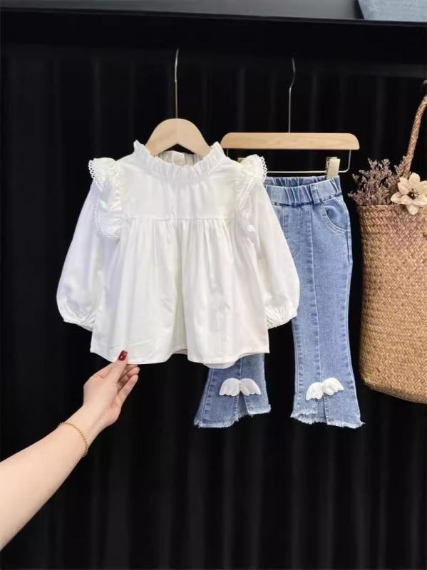 Dječji dvodijelni outfit za proljeće i jesen, korejski stil, djevojčice, dugi rukav, traperice zvonastog kroja
