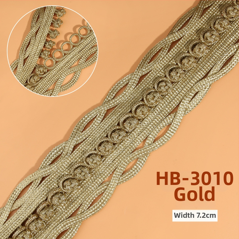 Rokām adīta mežģīņu lente ar zelta un sudraba stieplēm, piemērota apakšveļai, sieviešu apģēbumam, gultasveļai, kāzām, bērnu apģēbumam un aksesuāriem