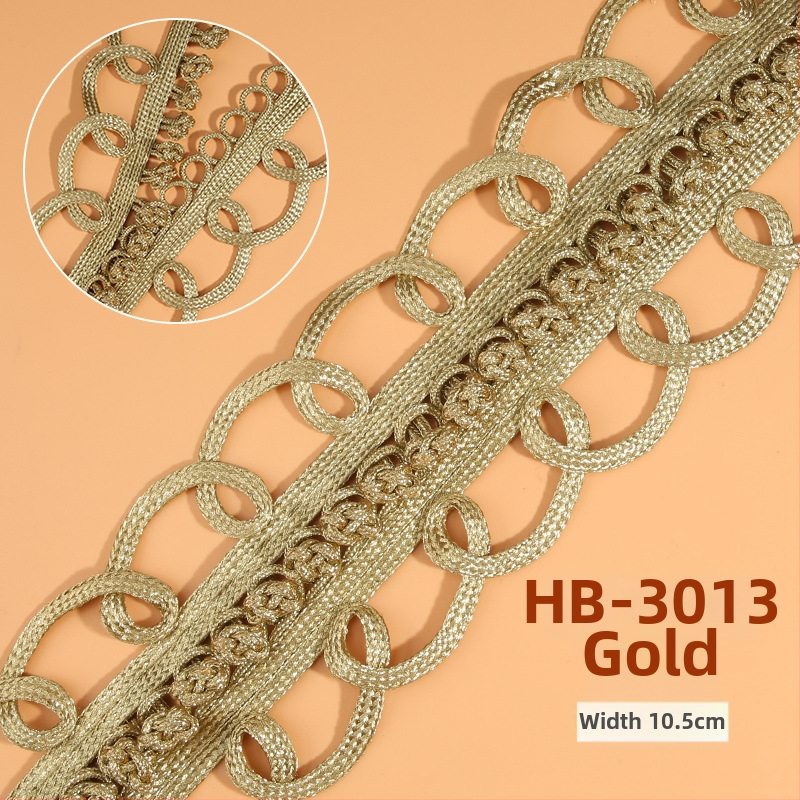 Rokām adīta mežģīņu lente ar zelta un sudraba stieplēm, piemērota apakšveļai, sieviešu apģēbumam, gultasveļai, kāzām, bērnu apģēbumam un aksesuāriem