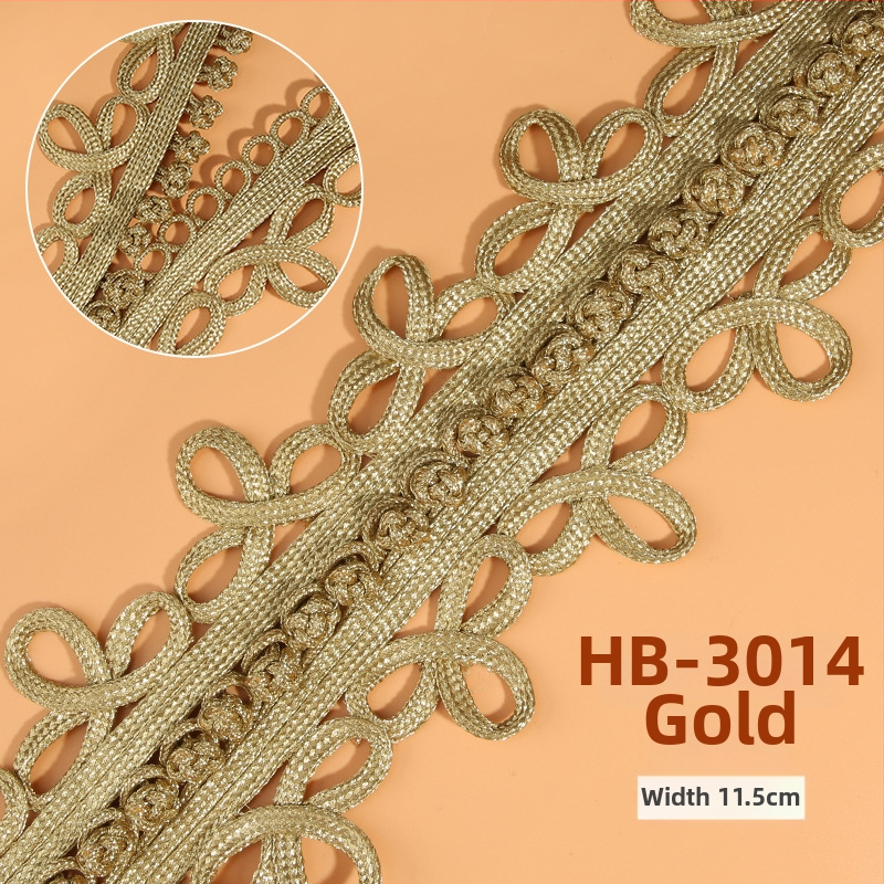 Rokām adīta mežģīņu lente ar zelta un sudraba stieplēm, piemērota apakšveļai, sieviešu apģēbumam, gultasveļai, kāzām, bērnu apģēbumam un aksesuāriem