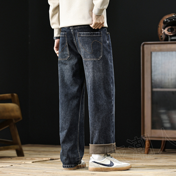 Meeste denimi teksad, flokitud paksema tekstuuriga, sametise vooder, vintage sirge lõige, keskmine talje ja mikroelastsus talveks