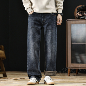 Meeste denimi teksad, flokitud paksema tekstuuriga, sametise vooder, vintage sirge lõige, keskmine talje ja mikroelastsus talveks