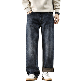 Meeste denimi teksad, flokitud paksema tekstuuriga, sametise vooder, vintage sirge lõige, keskmine talje ja mikroelastsus talveks