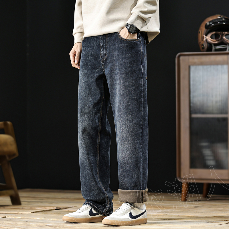 Meeste denimi teksad, flokitud paksema tekstuuriga, sametise vooder, vintage sirge lõige, keskmine talje ja mikroelastsus talveks