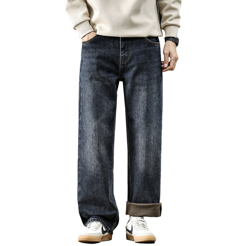 Meeste denimi teksad, flokitud paksema tekstuuriga, sametise vooder, vintage sirge lõige, keskmine talje ja mikroelastsus talveks