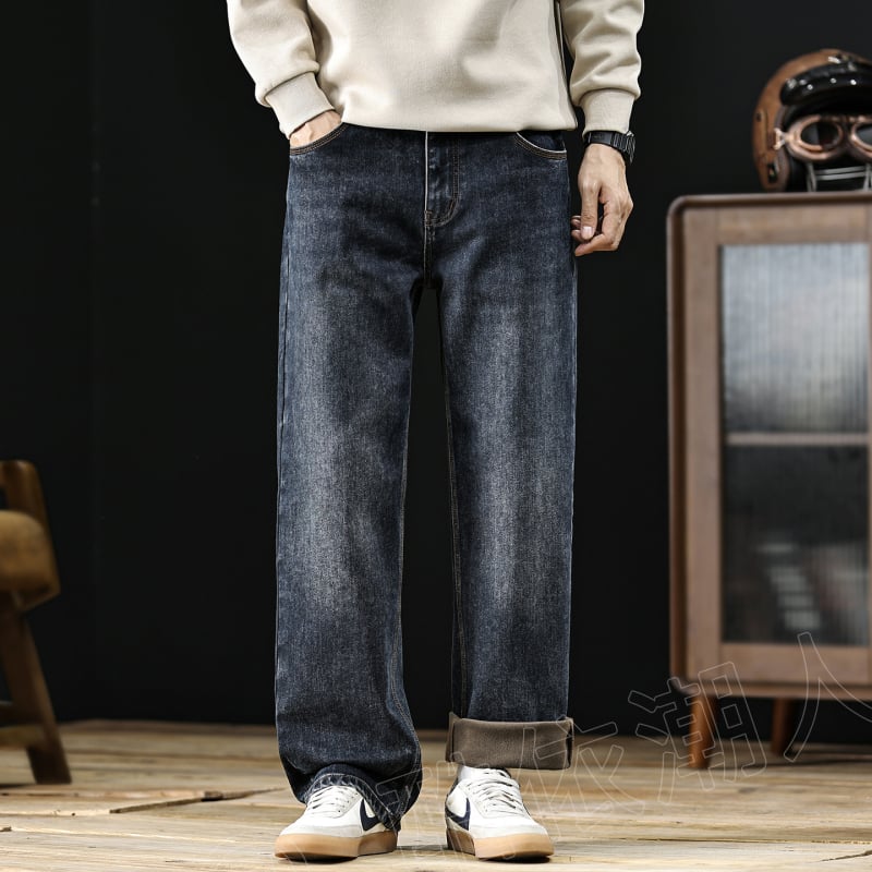Meeste denimi teksad, flokitud paksema tekstuuriga, sametise vooder, vintage sirge lõige, keskmine talje ja mikroelastsus talveks
