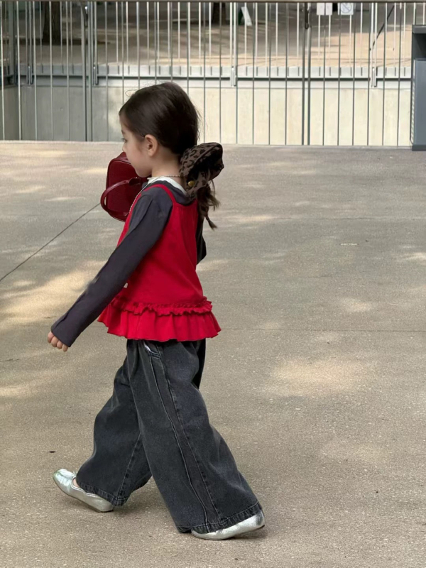 Korejski stil dječje hlače za jesen, s čipkastim rubom, široke nogavice, mekani pamuk denim, 85% pamuka, srednji pojas, za djecu 3–8 godina