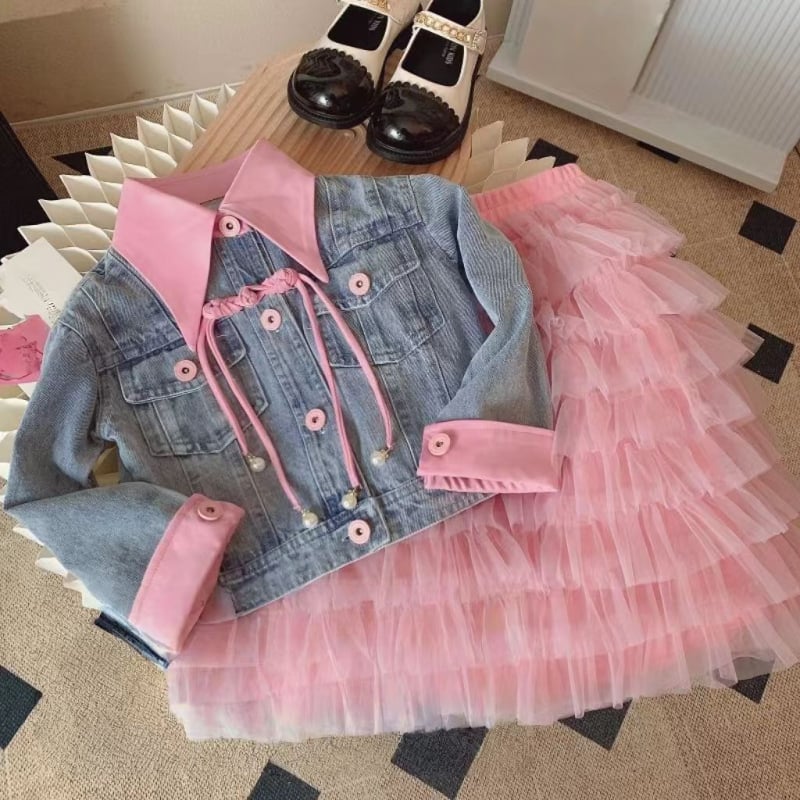 Lányoknak való denim kabát és szoknya, két részes szett, tavasz–őszi viselet, 70% pamut, 8 éves kortól