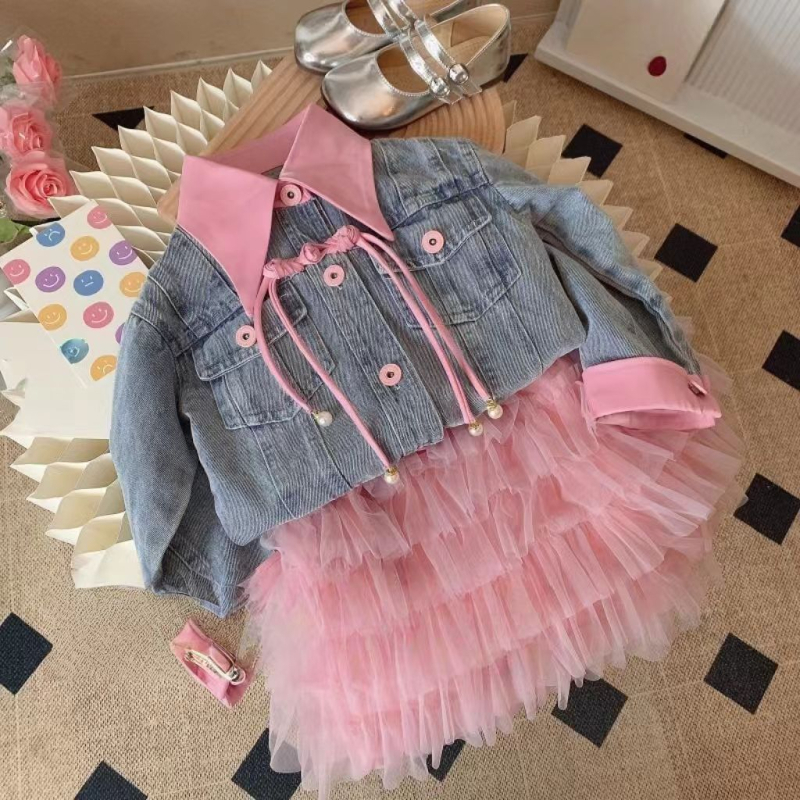 Lányoknak való denim kabát és szoknya, két részes szett, tavasz–őszi viselet, 70% pamut, 8 éves kortól