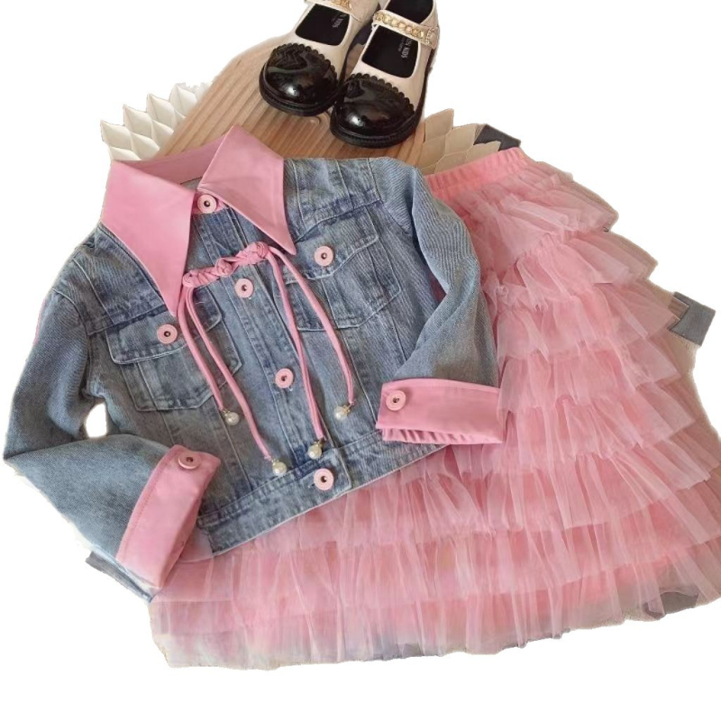 Lányoknak való denim kabát és szoknya, két részes szett, tavasz–őszi viselet, 70% pamut, 8 éves kortól