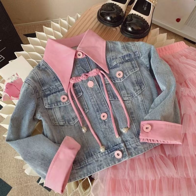 Lányoknak való denim kabát és szoknya, két részes szett, tavasz–őszi viselet, 70% pamut, 8 éves kortól