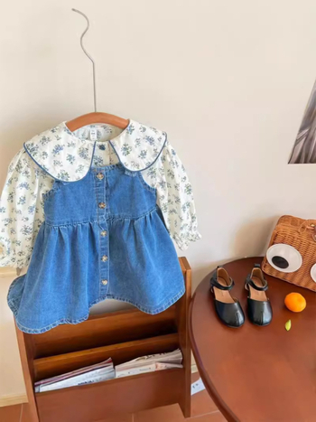 Dječji dvodijelni set: cvjetna majica i denim suknja s trakama, korejski stil, pamuk, A-linija, proljeće i jesen