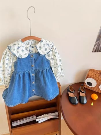 Dječji dvodijelni set: cvjetna majica i denim suknja s trakama, korejski stil, pamuk, A-linija, proljeće i jesen