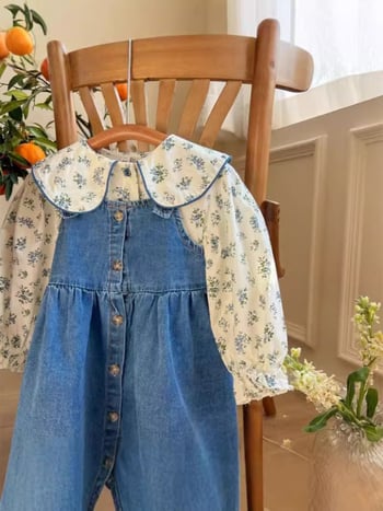 Dječji dvodijelni set: cvjetna majica i denim suknja s trakama, korejski stil, pamuk, A-linija, proljeće i jesen
