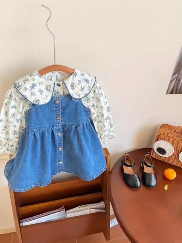 Dječji dvodijelni set: cvjetna majica i denim suknja s trakama, korejski stil, pamuk, A-linija, proljeće i jesen