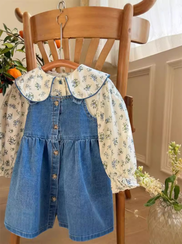 Dječji dvodijelni set: cvjetna majica i denim suknja s trakama, korejski stil, pamuk, A-linija, proljeće i jesen