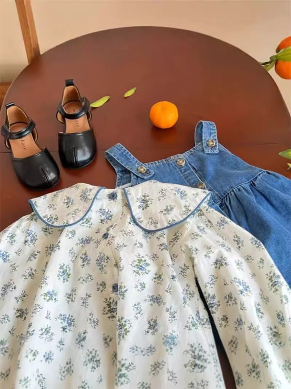 Dječji dvodijelni set: cvjetna majica i denim suknja s trakama, korejski stil, pamuk, A-linija, proljeće i jesen