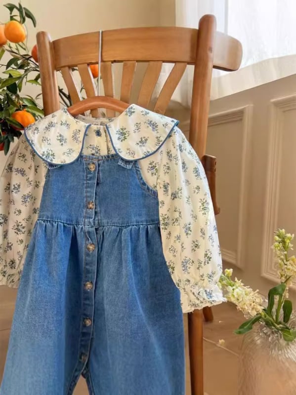 Dječji dvodijelni set: cvjetna majica i denim suknja s trakama, korejski stil, pamuk, A-linija, proljeće i jesen
