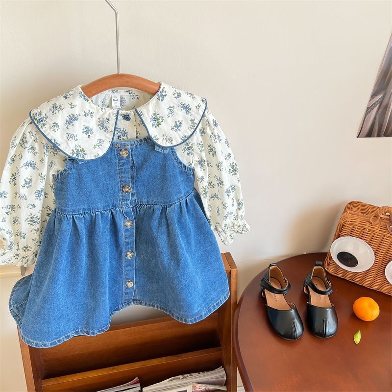 Dječji dvodijelni set: cvjetna majica i denim suknja s trakama, korejski stil, pamuk, A-linija, proljeće i jesen