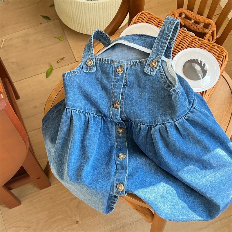 Dječji dvodijelni set: cvjetna majica i denim suknja s trakama, korejski stil, pamuk, A-linija, proljeće i jesen
