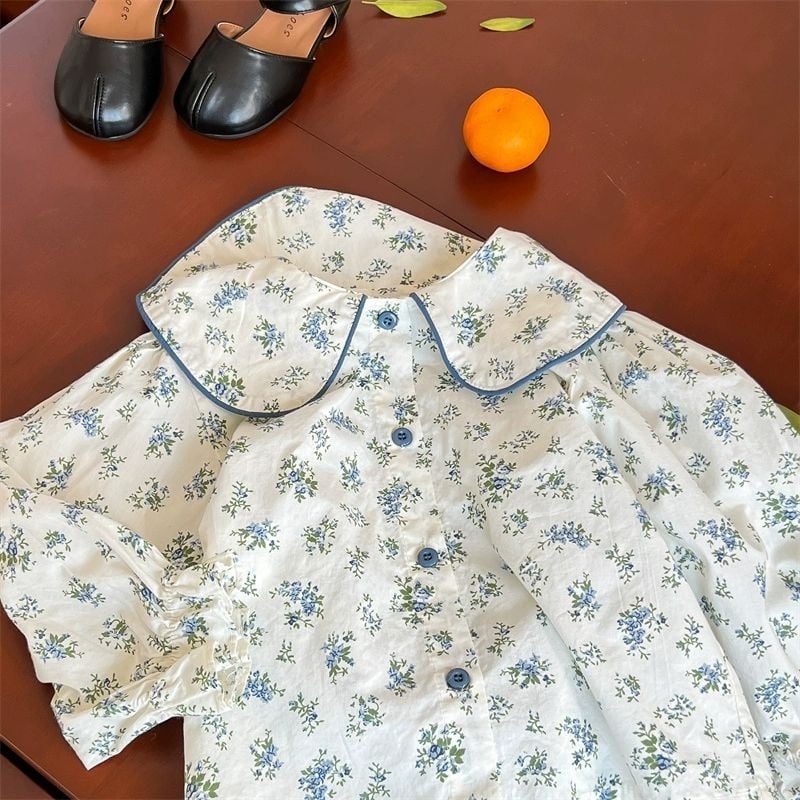 Dječji dvodijelni set: cvjetna majica i denim suknja s trakama, korejski stil, pamuk, A-linija, proljeće i jesen