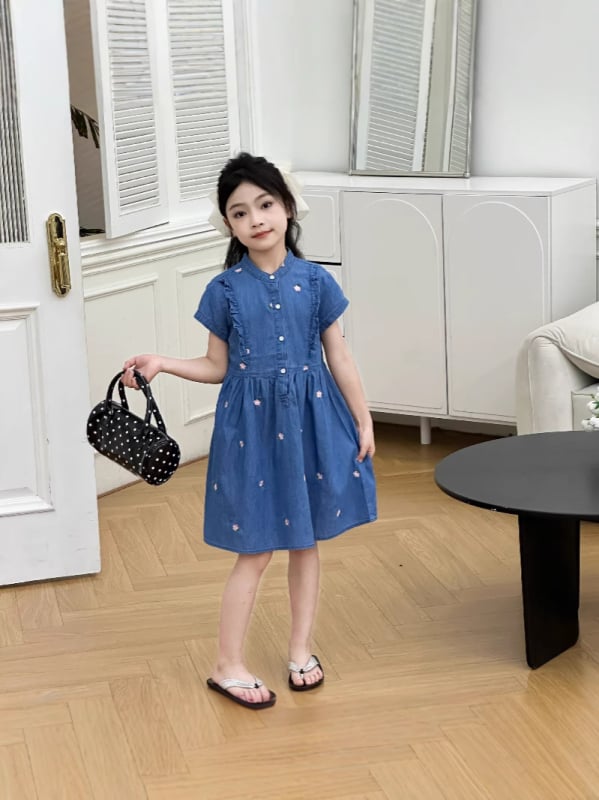 Dječja pamučna ljetna haljina – korejski stil, kratki rukavi, cvjetni vez, A-linijski kroj