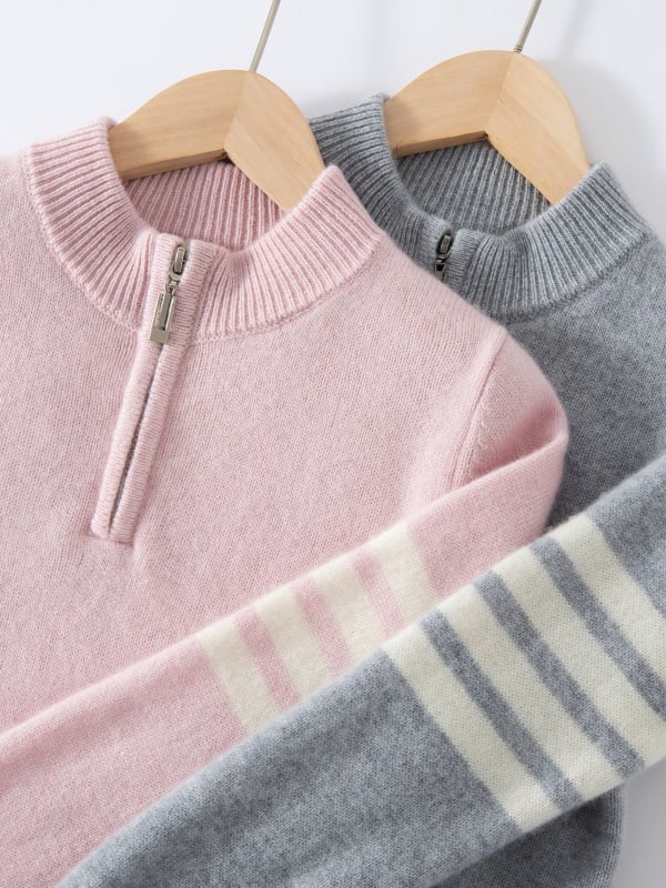 Κασμίρ πλεκτός πουλόβερ για παιδιά και εφήβους, στρογγυλός λαιμός, μακριά μανίκια, ρίγες και πλέξη πλέγμα, κορεατικό στυλ