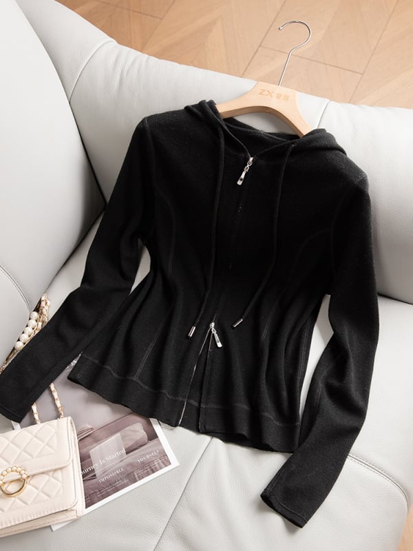 Moteriškas megztinis su gobtuvu ir užtrauktuku, laisvas kirpimas, 95% vilna