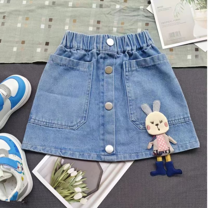 Meitenēm paredzēta džinsa svārki korejas stilā, vasara, dzīvnieku/animācijas raksts, princeses siluets, galvenais audums kokvilna 90%, oderes kokvilna 81–90%, vecums 3–8 gadi